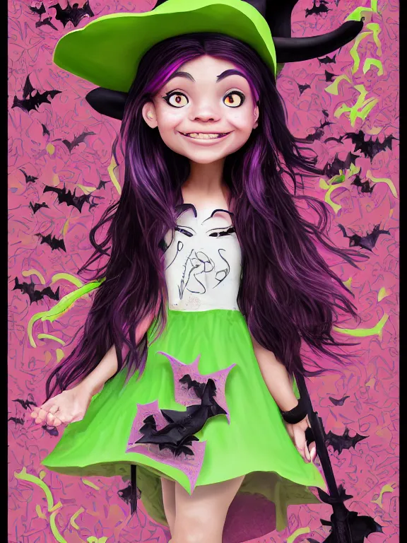 Image similar to Full shot of a cute mischievous young witch about to get up to some trouble with her playful bat familiar. Latin American fashion. Floral patterns. Swarm of Bats. Bat Wings. Black and Pink and Lime Green palette. Magic. Latina girl. brown skin. defined facial features, symmetrical facial features. Smiling. By Ruan Jia and Artgerm and Range Murata and WLOP and Ross Tran and William-Adolphe Bouguereau. Key Art. Fantasy Illustration. award winning, Artstation, intricate details, realistic, Hyperdetailed, 8k resolution.