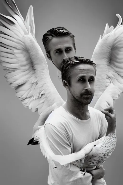 Prompt: ryan gosling fused with a white goose, wings, humanoid, hands, natural light, bloom, detailed face, magazine, press, photo, steve mccurry, david lazar, canon, nikon, focus