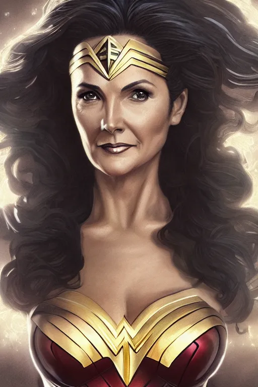 Image similar to Portrait of Lynda Carter as Wonder woman, DC, justice league, cinematic lighting, intricate, elegant, highly detailed, digital painting, artstation, painted by Artgerm and Mark Waid and Greg Rutkowski and Mandy Jurgens and Snyder