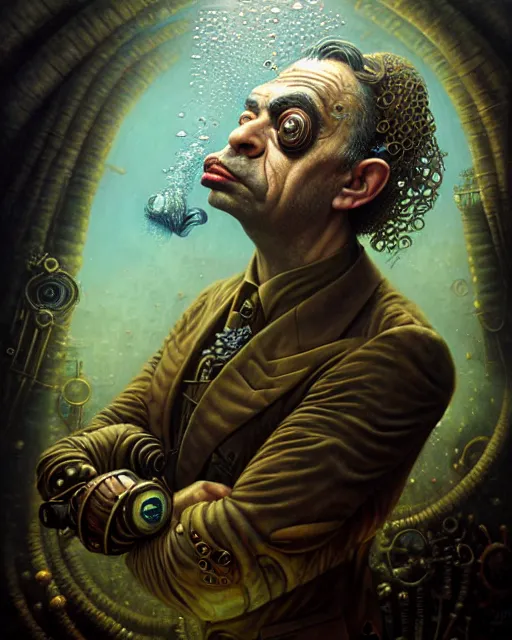 Image similar to underwater steampunk portrait of rowan sebastian atkinson, by tomasz alen kopera and peter mohrbacher