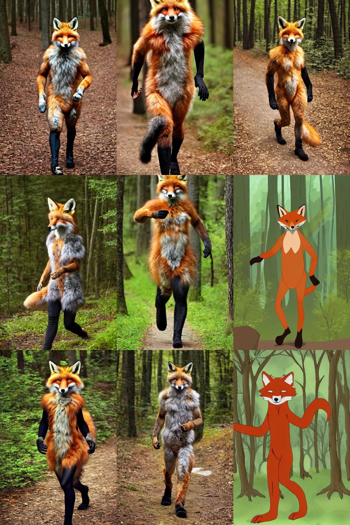 Prompt: anthro furry digitigrade natural - colored fox man with black paws, walking upright in a forest