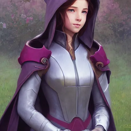 Image similar to aerith gainsborough in destiny warlock armor, wearing a hooded cloak, beautiful face!!!!, 2 7 years old, cg animation, realistic, character select portrait, by artgerm, greg rutkowski, alphonse mucha, 3 d