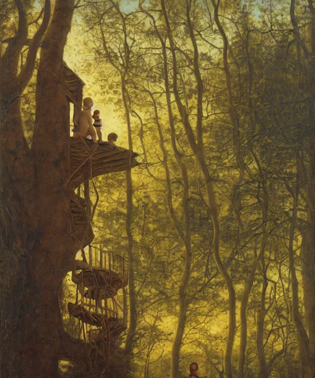 Image similar to masterful oil on canvas painting, eye - level view, shot from 5 0 feet distance, of a kid playing in a treehouse. in the background is a whimsical sparse forest. by ambrosius benson and gerald brom. golden hour, detailed, depth, volume, chiaroscuro, quiet intensity, vivid color palette.