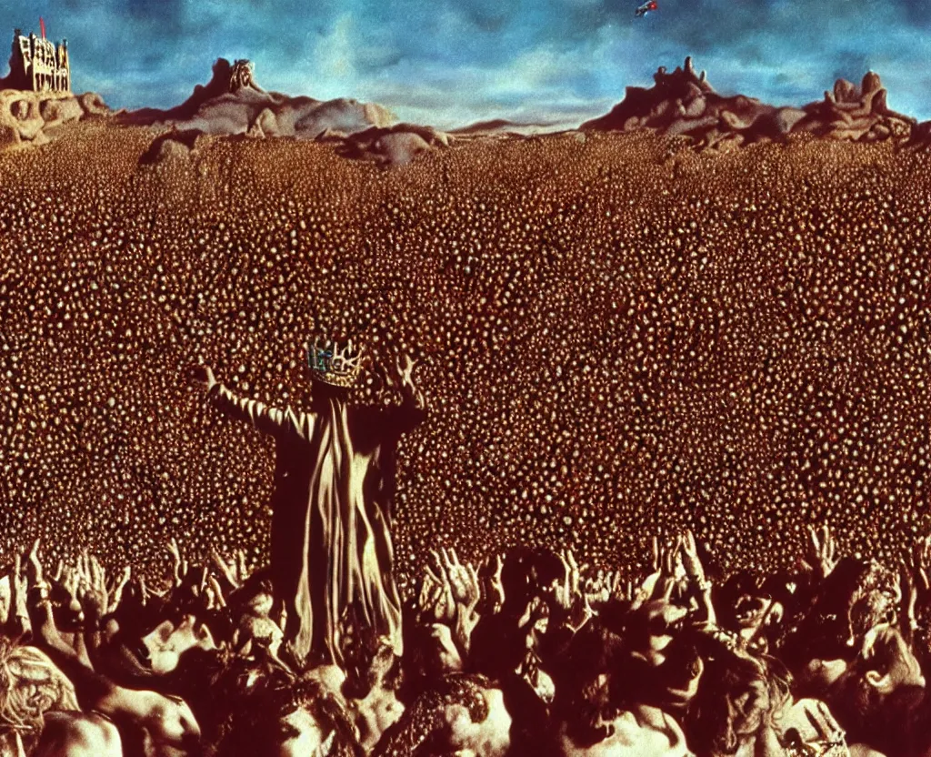 Image similar to salvador dali wearing a crown and jewels in front of a huge crowd in a dry rocky desert landscape, film still from the movie by alejandro jodorowsky with cinematogrophy of christopher doyle and art direction by hans giger, anamorphic lens, kodakchrome, very detailed photo, 8 k