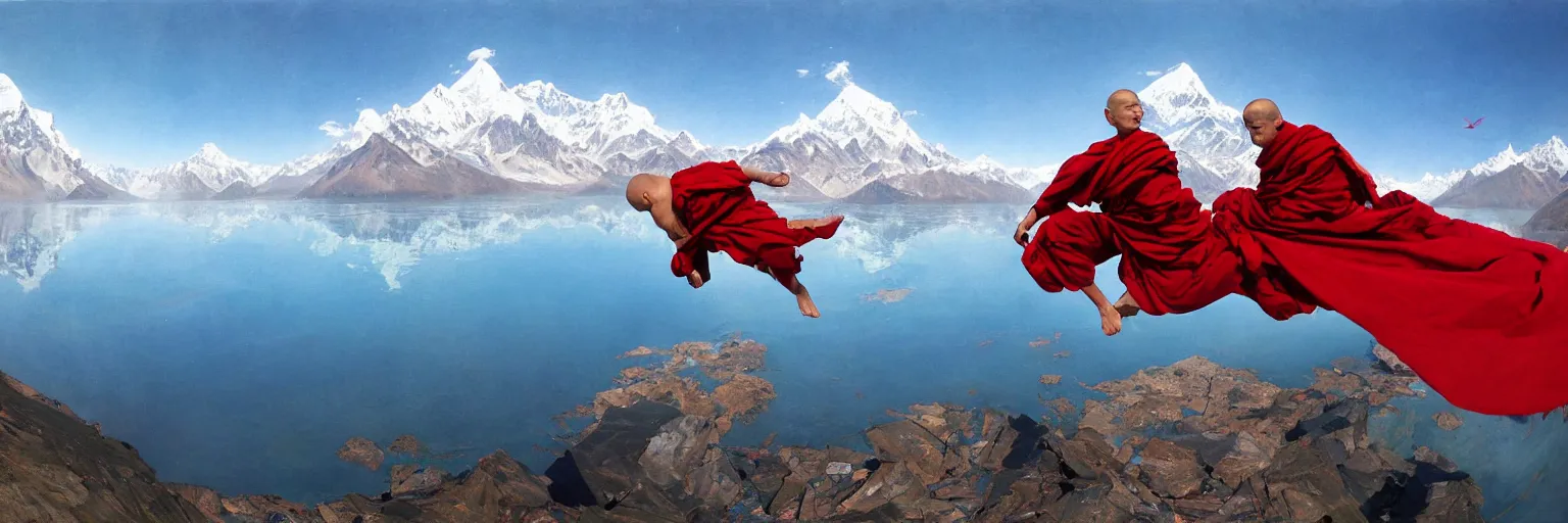 Image similar to a fisheye lens shot on full - frame camera of tibetan monk flying over himalaya mountains lake in weightlessness in traditional red cloth. a lot of flying red fabric around, sky and cloth fabric reflected in blue lake water. illustration by craig mullins, yoji shinkawa, trending on artstation, peter mohrbacher, hyper detailed, intricate, elite, ornate,