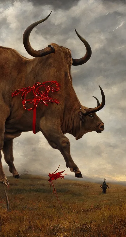 Image similar to a giant!! bull with horns decorated!!! with bells and ribbons, background is the spiral stairs, in the steppe, autumn field, misty background, from the game pathologic 2, highly detailed, sharp focus, matte painting, by rosa bonheur, by isaac levitan and asher brown durand,