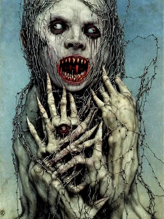 Image similar to A creepy white-linen-dressed horned fanged demon woman with blue scarred skin wrapped in barbed wire. Extremely high detail, realistic, fantasy art, solo, bones, masterpiece, saturated colors, tangled, ripped flesh, art by Zdzisław Beksiński, Arthur Rackham, Dariusz Zawadzki