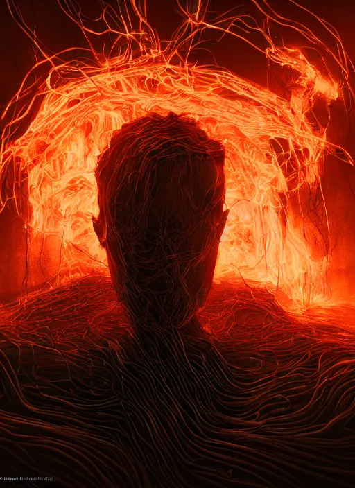 Prompt: rgb wires, fire, rage, cinematic, movie scene, inspired by zdzislaw beksinski, clothes made out of veins,, cables everywhere, bedroom, ultra realistic, concept art, intricate details, highly detailed, photorealistic, octane render, 8 k