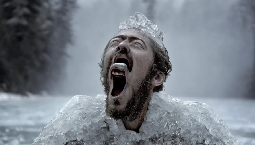 Image similar to 1 9 6 0 s movie still close up of marcus aurelius screaming frozen to death in a river with gravel, pine forests, cinestill 8 0 0 t 3 5 mm b & w, high quality, heavy grain, high detail, texture, dramatic light, anamorphic, hyperrealistic, detailed hair foggy
