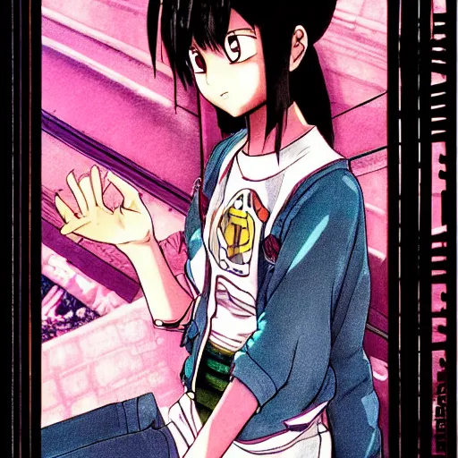 Prompt: manga, realistic lighting, matte colors, made by toriyama akira, front portrait of a girl, jpop clothing, sneaker shoes, arcade cabinet in background