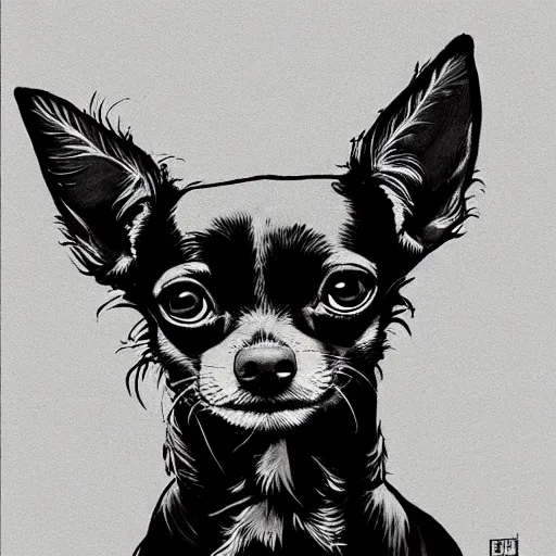 Prompt: portrait of a chihuahua looking angry by martin ansin, comic book art, frank miller, artstation, highly detailed, cinematic, extremely detailed, high quality