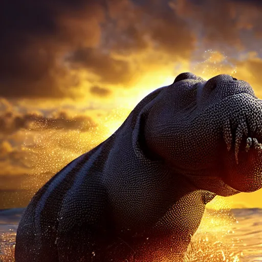 Prompt: a closeup photorealistic photograph of a happy knitted tiger hippopotamus riding a large wave during sunset. surf in the background. professional capture. brightly lit scene. this 4 k hd image is trending on artstation, featured on behance, well - rendered, extra crisp, features intricate detail, epic composition and the style of unreal engine.