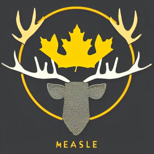 Image similar to a yellow moose with maple leaf antlers logo, black background, logo