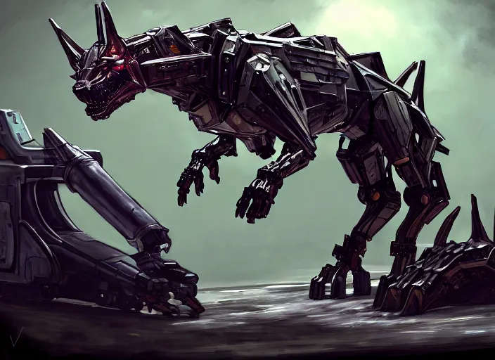 Prompt: cinematic shot, vore station borg hound, mecha hound, taller than man, sharp armor, sharp metal dragon claws, open metal maw, feral body, angular metal, glass visor, vore art, dragon art, furry art, digital art, warframe hound, furaffinity, deviantart, sofurry