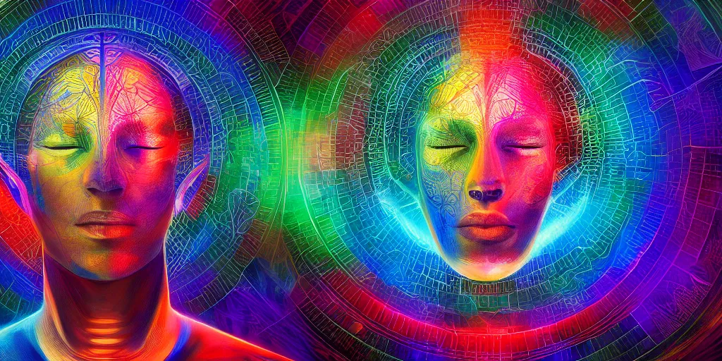 Image similar to transcendence into collaborative intelligence, endless collaboration with ai, connectedness, body, lcd, by alex grey, album cover, award winning, beautiful, colorful, volumetric lighting, trending on artstation, cinematic