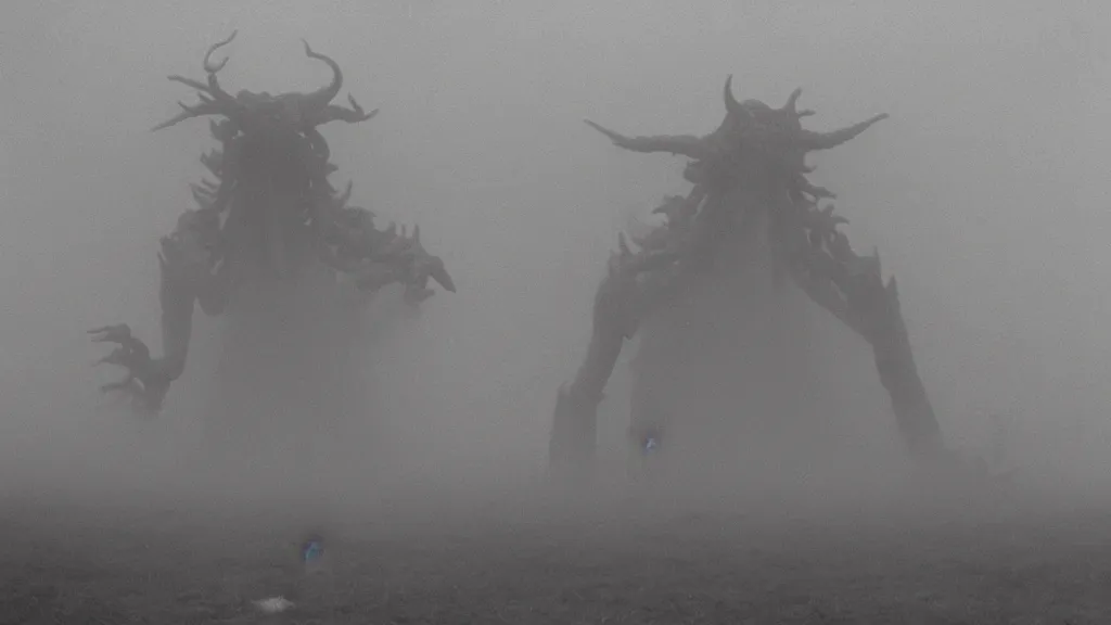 Prompt: vintage photography of a many-armed elder demon looming in fog