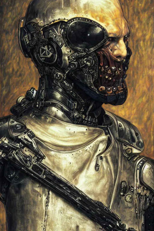 Image similar to portrait of brutal gothic Tom Cruise in armor, cyberpunk, Warhammer, highly detailed, artstation, illustration, art by Gustav Klimt