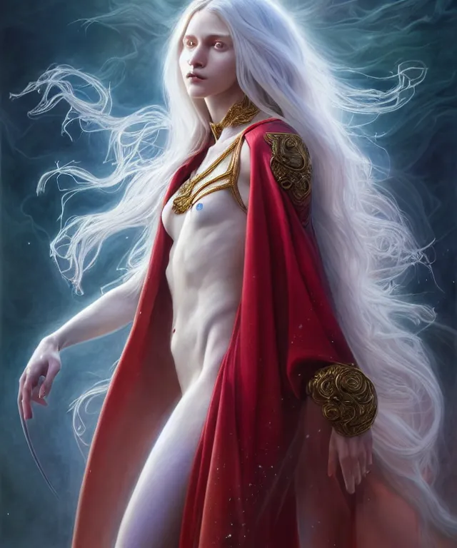 Image similar to hyperrealistic mixed media painting of a beautiful young female wizard, stunning 3d render inspired art by P. Craig Russell and Barry Windsor-Smith + perfect facial symmetry + dim volumetric lighting, long flowing white hair, pale skin, ornate crimson robes, dizzy, full body, confident heroic pose, 8k octane beautifully detailed render, post-processing, extremely hyperdetailed, intricate, epic composition, grim yet sparkling atmosphere, cinematic lighting + masterpiece, trending on artstation, very very detailed, masterpiece, stunning