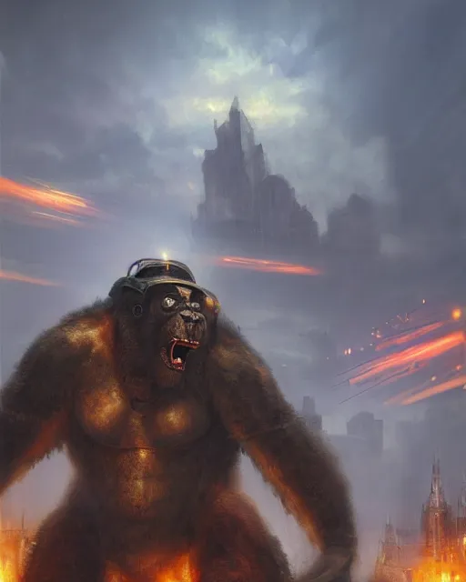 Image similar to oil painting of Steampunk King Kong Robot smashing buildings, sharp focus, fantasy style, steampunk city background, octane render, volumetric lighting, 8k high definition, by greg rutkowski, highly detailed, trending on art Station, magic the gathering artwork, centered, dramatic artwork, combat scene