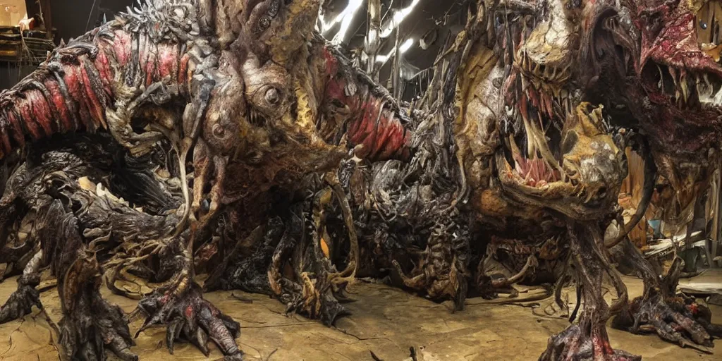 Image similar to photo taken of an epic intricate, ultra detailed, super realistic gritty, hero prop, exquisitely painted animatronic movie prop of a nightmarish hellish creature displayed in the workshop, created by weta workshop, full body shot, photorealistic, sharp focus