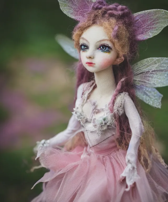 Image similar to high quality presentation photo of a detailed fairy doll in the style of Nicoletta Ceccoli photography 4k f1.8 anamorphic bokeh 4k Canon Nikon