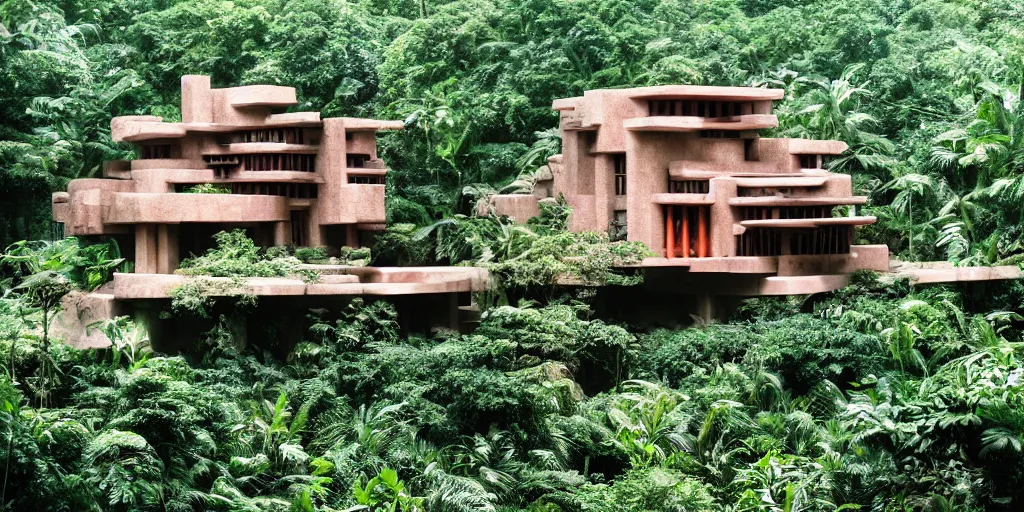 Prompt: cinematic still of hyper detailed highway realistic afro futurist house in a jungle by frank lloyd wright architect, helicopters, wide angle, insanely detailed and intricate, summer colors
