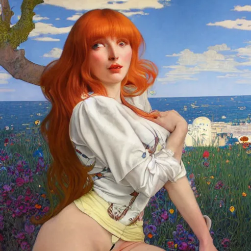 Prompt: A playful young woman with blonde long hair and bangs in shorts and a white blouse drawn by Robert McGinnis and Julie Bell and Zeronis and alphonse mucha, background by James Jean and gustav klimt, 4k, sunny day, volumetric lighting, french nouveau, trending on artstation, octane render, hyperrealistic