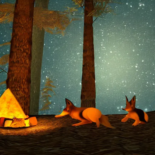 Prompt: second life in game screenshot of two black foxes sleeping next to each other in a cozy cave with a small campfire, cave lit up with fireflies and bioluminescent mushrooms, 4 k