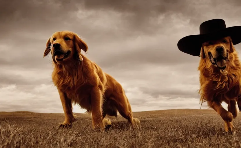 Prompt: a golden retriever robbing a wild west bank, cinematic style photograph