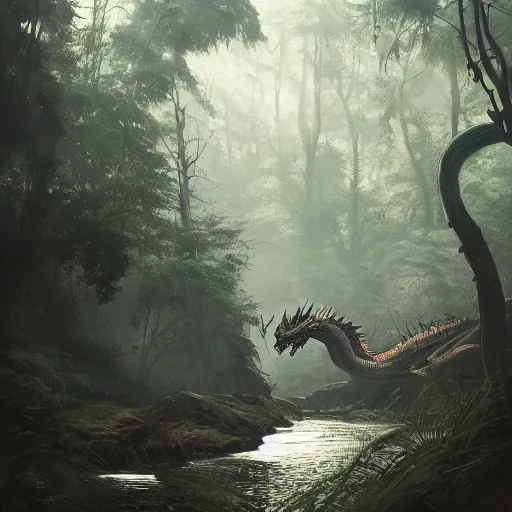 Image similar to a gargantuan dragon idly standing in a forest, peacefully drinking river water, illustrated by max hay and greg rutkowski, trending on artstation, digital art, 4 k quality