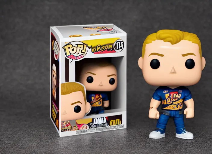 Prompt: product still of John Cena funko pop with box, 85mm f1.8