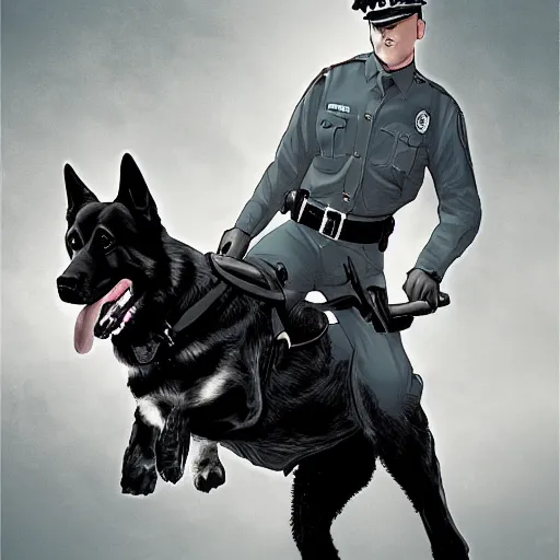 Prompt: police officer riding a giant German shepherd in the city, trending on artstation