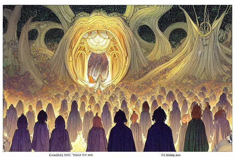 Prompt: a symmetrical!! delicate mtg illustration by charles vess, rebecca guay and kawase hasui of a large group of people entering the glowing doorway of a massive vulva - shaped temple constructed of carved iridescent pearls and house - sized crystals of smooth and organic architecture floating in the astral plane