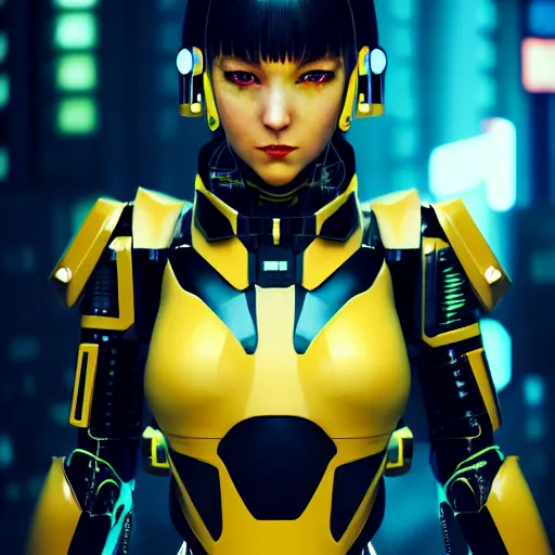 Prompt: A hyperrealistic portrait painting of a cyber warrrior girl wearing futuristic mecha suit, black and yellow shinny color armor, ultradetailed face expression trending on artstation and artbreeder, cyberpunk color feel raining at tokyo midnight rooftop, unreal 5, DAZ, 8k, unreal 5 engine render, cosplay, RPG portrait, final fantasy Vll world concept, dramatic lighting, rim lights, PS5 render quality