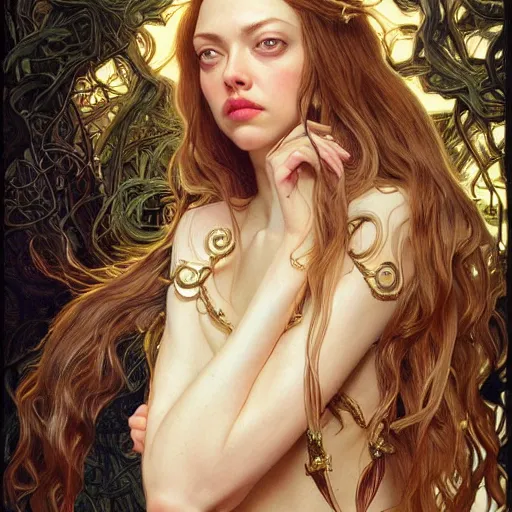 Prompt: Amanda Seyfried as Medusa, snakes for hair, olive skin, long dark hair, beautiful bone structure, intricate, elegant, highly detailed, digital painting, artstation, concept art, smooth, sharp focus, illustration, art by artgerm and greg rutkowski and alphonse mucha and Chris Achilleos