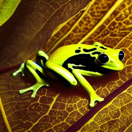 Image similar to small yellow dart frog, chilling on a leaf, in jungle, by giger, concept art for movie, biomechanical, rule of thirds, extreme detail, 4 k, detailed drawing, trending artstation, realistic lighting, sharp focus, backlit