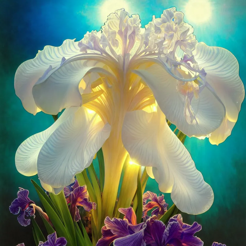 Image similar to detailed giant white holographic orchid iris hybrid flower surrounded by ocean waves, lsd water, lsd ripples, droplets, backlit, sunset, refracted lighting, art by collier, albert aublet, krenz cushart, artem demura, alphonse mucha