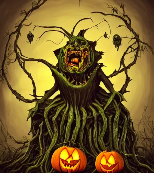 Image similar to a tim burton design of a horrifying pumpkin king, his face looks like a pumpkin, fat, limbs made from vines, sitting on a stone throne, detailed game art illustration, menacing carved facial expression, creepy lighting, dynamic pose, 4 k artstation, masterpiece