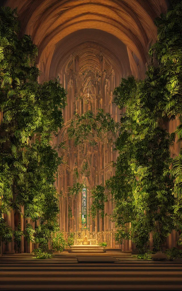 Image similar to cathedral interior at night with koi pond in the middle surrounded by palm trees, ivy, flowers, tropical plants, roses, and with archways, rendered in octane render with photorealistic lighting, cinematic, horizontal symmetry, stars in the sky, baroque, sanctuary, unsplash contest winner, maximalism, sanctuary