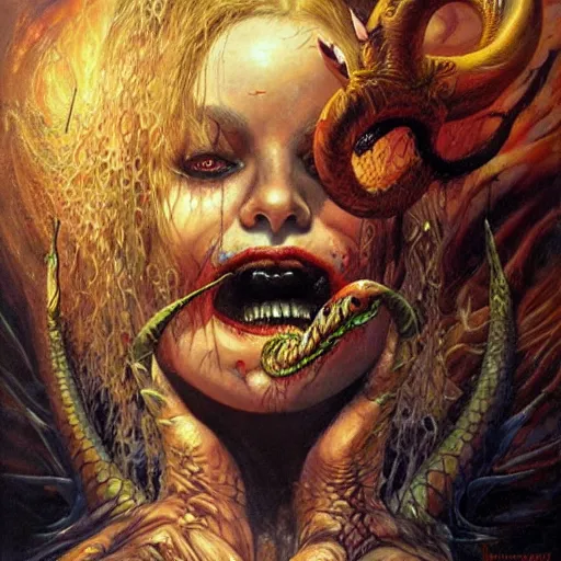 Image similar to a horrific evil demon and a serpent, ethereal, painting by karol bak