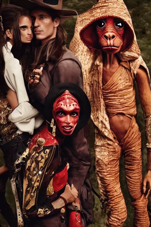 Image similar to dolce & gabbana campaign featuring jar jar binks as a female cowgirl, long eyeslashes, huge juicy lips, big seductive eyes, shot by mario testino, realistic vfx simulation