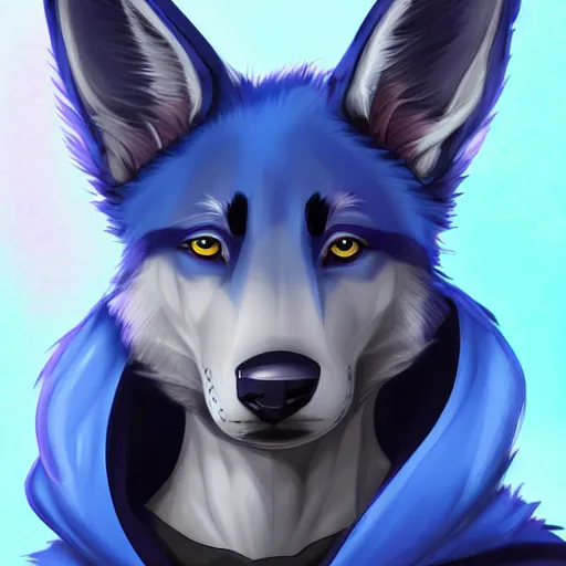 Image similar to an anthro anthropomorphic furry fursona hybrid of a blue german shepherd and a blue fox, with blue fur and blue eyes in a hoodie, award winning digital art, trending on furaffinity, artstation, pixiv