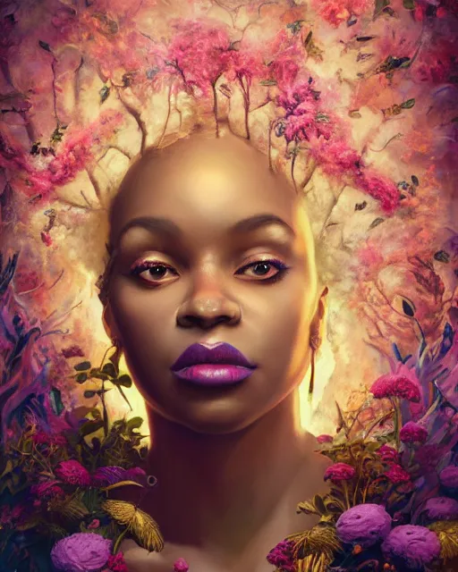 Image similar to portrait of the afro - american queen of the underworld, surrounded by flowers by karol bak, james jean, tom bagshaw, rococo, sharp focus, trending on artstation, cinematic lighting, hyper realism, octane render, 8 k, hyper detailed.