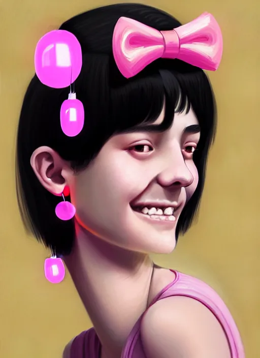 Image similar to portrait of high school girl, realistic, black hair, bangs, half updo hairstyle, pointy nose, skinny, smile, ugly, defined jawline, big chin, pink hair bow, earrings, intricate, elegant, glowing lights, highly detailed, digital painting, artstation, sharp focus, illustration, art by wlop, mars ravelo and greg rutkowski