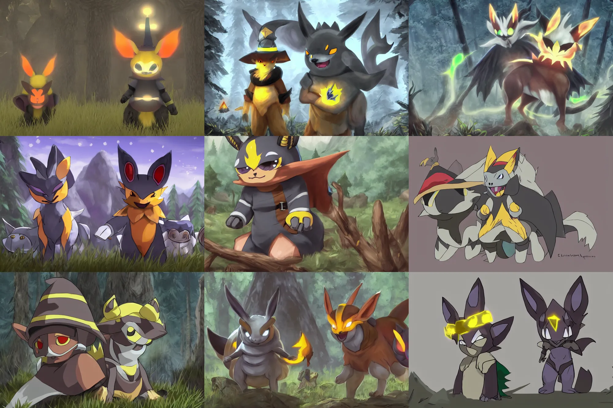 Prompt: trailcam footage grayscale low saturation video game elden clay growlithe reprisal star resident evil unreal engine mismagius mystery skyrim dungeon ultrahd resident eevee wearing bandanna standing under giratina, maidenless wearing witch hat pokemon