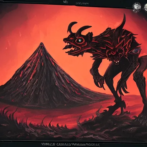 Prompt: a highly detailed red and black obsidian volcanic goblin, like magic the gathering, goblin chainwalker, with a volcano in the background ” w 7 6 8