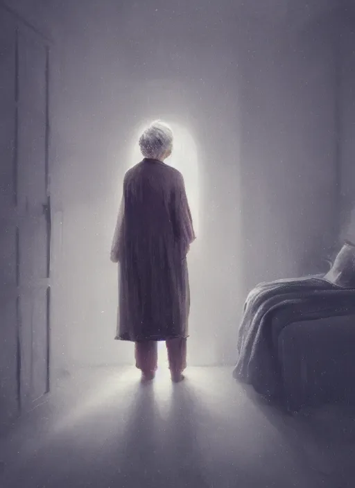 Prompt: an old woman standing over my bed at night, photorealistic horror, ultra realistic, dark gloomy, by jessica rossier, 4 k resolution