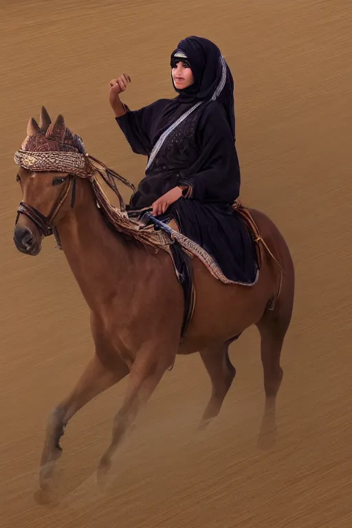 Prompt: hyperrealistic portrait from middle eastern burqa woman riding horse, with riffle in her chest, super highly detail, accurate boroque, without duplication content, white border frame, medium close up shot, justify content center, symmetrical, incrinate, cinematic, dust, award winning photos