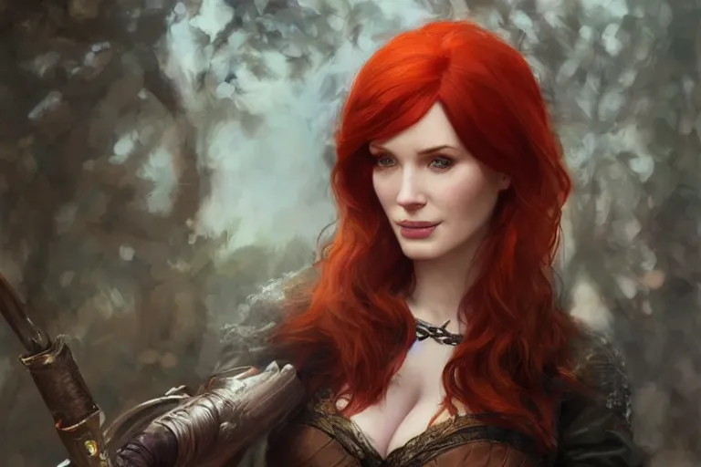 Image similar to A portrait of Christina Hendricks as Triss from the Witcher Game by Ruan Jia and Mandy Jurgens and Artgerm and william-adolphe bouguerea, highly detailed, trending on artstation, award winning, H 768