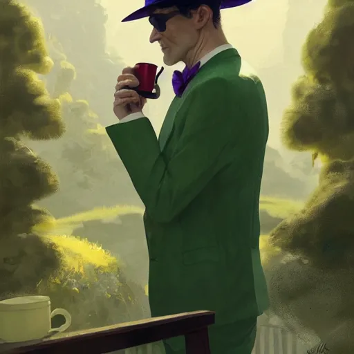 Prompt: man, Wearing green suit, Wearing green tophat, wearing purple undershirt, wearing shades, drinking tea, by Viktor Antonov,, greg rutkowski, fantasy, D&D, trending on artstation, smooth, sharp focus